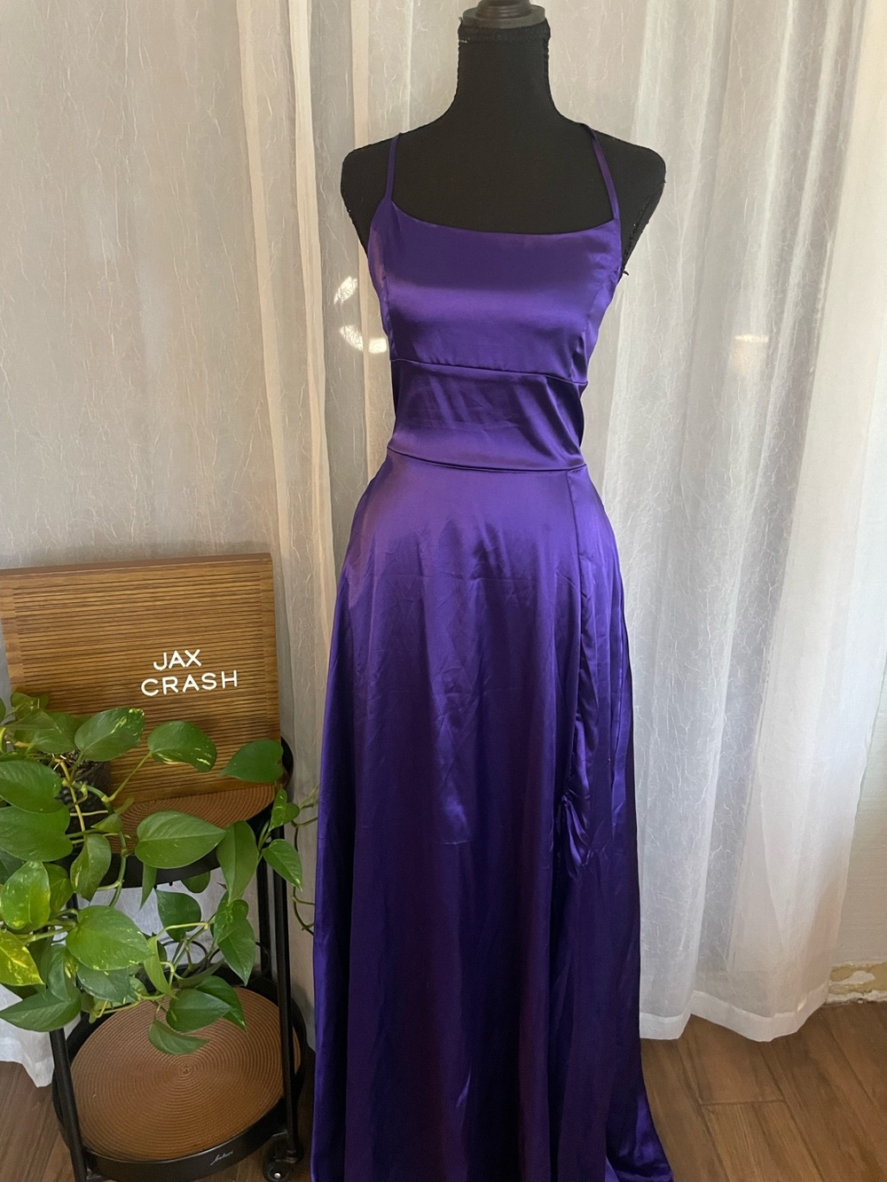 Purple Satin Spaghetti-Strap Maxi Dress